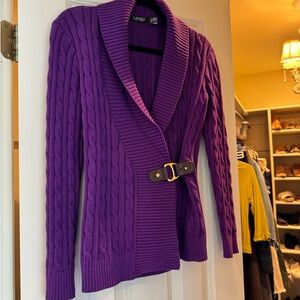 Ralph Lauren Purple Cable-Knit Shawl Collar Belted Cardigan